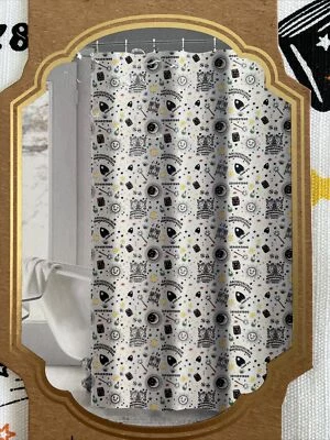 Bourbon St Halloween Cotton Fabric Shower Curtain Ouija Board Magic  White Black - Image 1 of 4