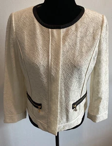 Anne Klein Lace Jacket Ivory Collarless Hidden Gold Zipper Black Trim Size 4 - Picture 1 of 12