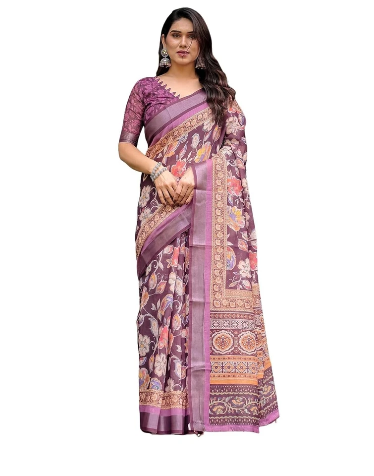 Sari estampado de lino de algodón para mujer con pieza de blusa sin costuras Foto 1 de 1