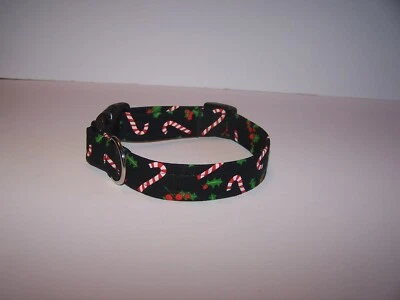 HANDMADE Wet Nose Designs Bright Candy Canes & Holly Dog Collar on Black Christmas Winter