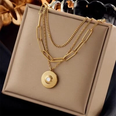 Woman 18K Gold Plated Triple Layers Round Charm Paper Clip Chain Necklace - Image 1 of 4