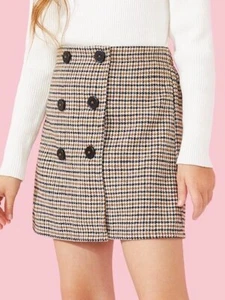 Shein Double Breasted Houndstooth Black & Brown Mini Skirt Girl's Size 9/10 - Picture 1 of 13