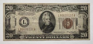 1934 A $20 Hawaii Over Print WW2 Emergency Issued - Picture 1 of 2