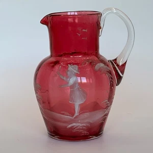 Victorian Hand Blown Mary Gregory Cranberry Glass Jug/Pitcher - Picture 1 of 7