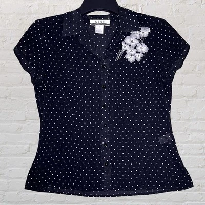 Nine & Co Polka Dot Sheer Blouse Size 8 Black White Embroidered Floral Whimsical - Image 1 of 4