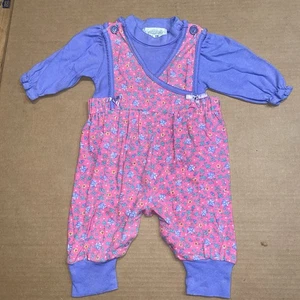 Vintage Baby Girls Overalls Blue Flowered & purple Top 6-9 Mo 2 pc Adorable - Picture 1 of 14