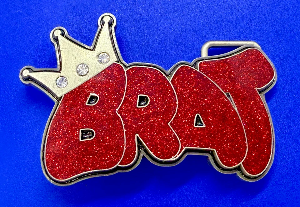 BRAT Crown Red Glitter Rhinestone Bling Statement Pewter Siskiyou Belt Buckle - Image 1 of 4