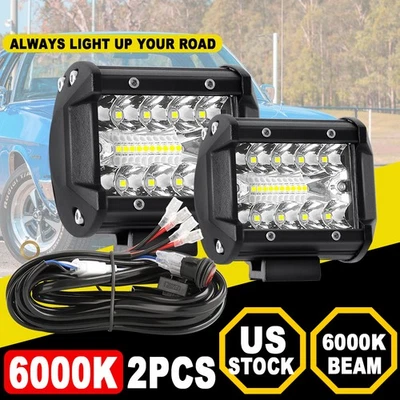 Pair 4"LED Work Light Bar Pods Flood Spot Combo Fog Driving Kit Offroad + Wiring - Image 1 of 4