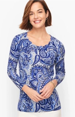 全新带标签 Talbots 尺寸 X 蓝色扇贝细节毛衣抛光佩斯利毛衣上衣 — 第 1/4 张图片