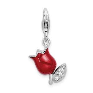 Amore La Vita Silver Polished CZ Red Enameled Tulip Flower Charm with Fancy Lob - Picture 1 of 4