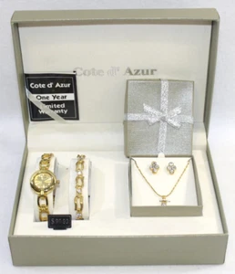 Cote d'Azur Gift Set ~ Gold Tone Watch, Bracelet, Necklace W/ Pendant & Earrings - Picture 1 of 12