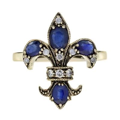 Anillo Flor de Lis Estilo Art Deco Zafiro Natural y Diamantes Oro Amarillo 9K Foto 1 de 4