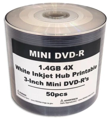 50-Pak 3-Inch White Inkjet Hub Mini DVD-R for Camcorders in Shrinkwrap! - Image 1 of 2