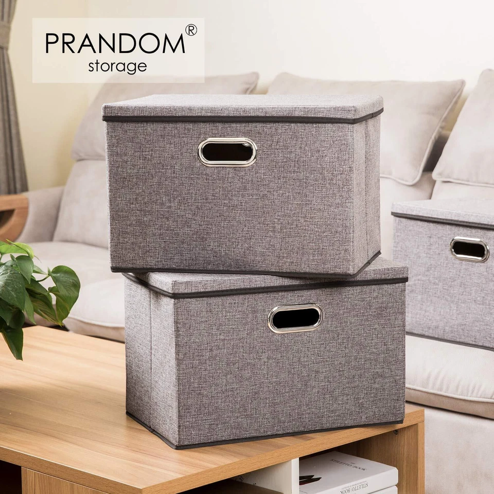 Prandom Large Collapsible Storage Bins With Lids 3-pack Linen Fabric Foldable