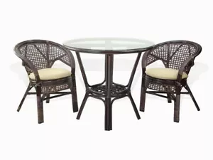 3 Pcs Pelangi Natural Rattan Wicker Dining 2Armchairs and Round Table Dark Brown - Picture 1 of 10
