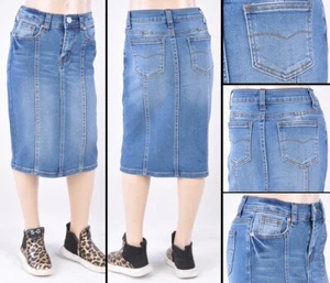 Little Girls Stretch Denim Skirt Calf length INDIGO wash pockets #VK-77105 - Picture 1 of 2