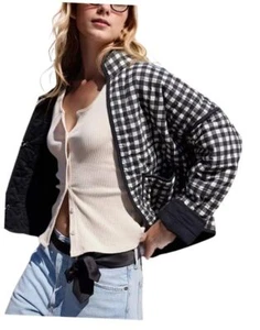 Women's Cropped Quilted Jacket Floral Printed Large Black and White - Picture 1 of 7