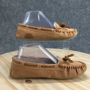 Minnetonka Slippers Womens 8 Moccasin Beige Slip On Leather Lace Up Comfort 4011 - Picture 1 of 16