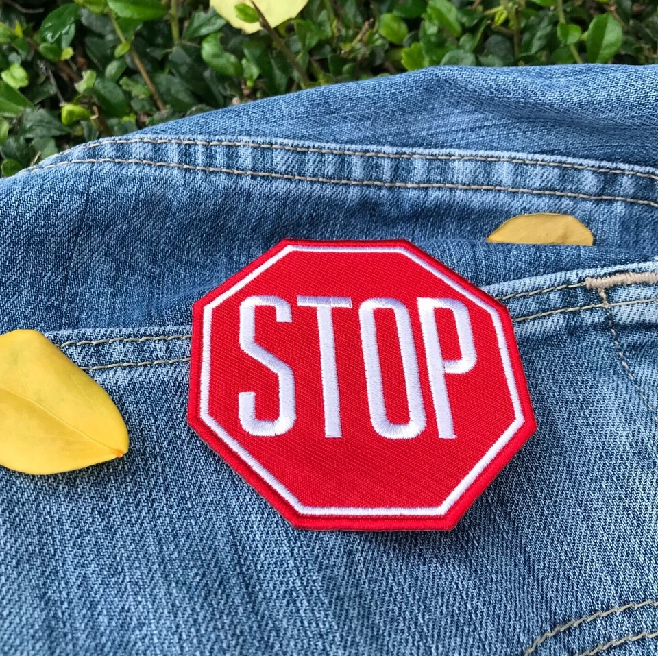 STOP Sign Patch Red Embroidered Iron On Applique for Jeans Jackets Bags 2.75" - Image 1 of 1