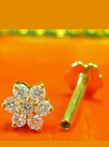 Cubic Zirconia Diamond Flower Nose Pin Ring Piercing Stud 14K Yellow Gold Plated - Picture 1 of 8