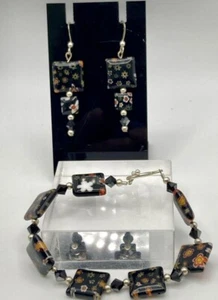 925 STERLING SILVER GLASS LAMPWORK BRACELET AND EARRING SET Floral Boho Sweet - Picture 1 of 5