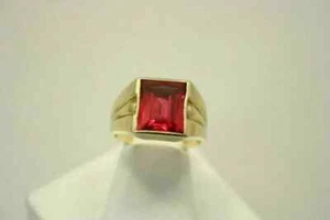 2Ct Emerald Cut Lab Created Red Ruby Solitaire Men's Ring 14k Yellow Gold Plated - Picture 1 of 4