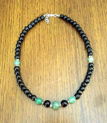 Men's Beaded Necklace Green Aventurine, Black Onyx, Wood 18" USA Seller - Image 1 of 4