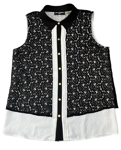 Karl Lagerfeld NWOT Black Lace Overlay White Sleeveless Button Down Shirt Medium - Image 1 of 4