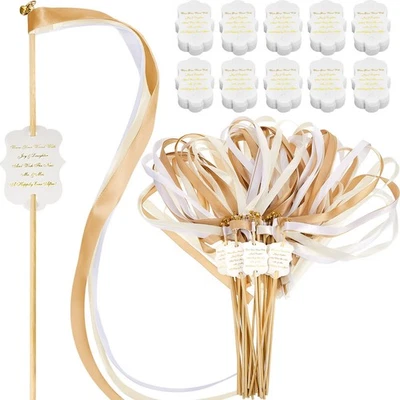 100 Sets Ribbon Wedding Wands with Sticks and Bells Bulk Ribbon Dancer Wands ... - Image 1 of 4