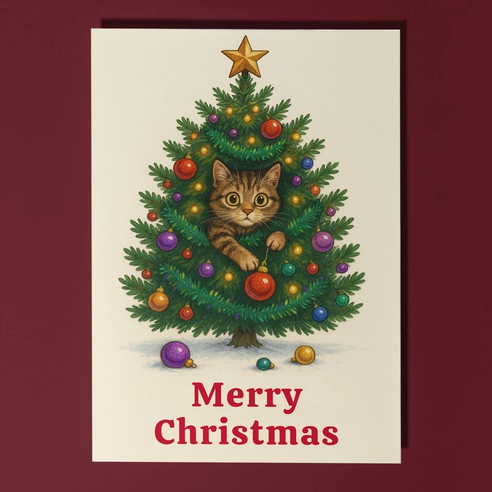 SMART JESTER Festive Tree Cat Calm Christmas Merry Christmas Card Envelope Personalised card