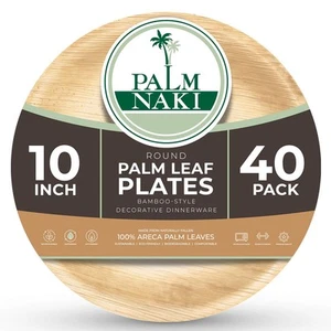 Eco-Friendly Palm Leaf Plates - 10-Inch Round - Bamboo Style (40 Pack), Susta... - Picture 1 of 7