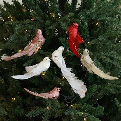 2x Glitter Artificial Feather Birds with Clip Christmas Tree Ornament Home Decor - Image 1 of 4