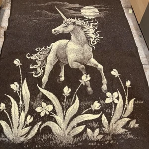 Vintage Revert Mythical Unicorn Blanket Reversible Brown Tan 58”X 80” About - Picture 1 of 6