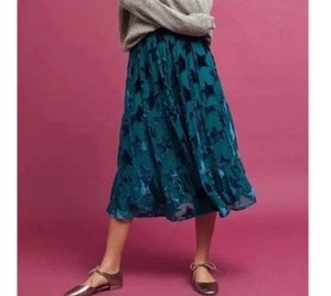 MAEVE Anthropologie Starry Eyed Velvet Burnout Silk Blend Skirt, Size XS, Green - Picture 1 of 4