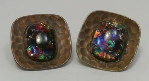 Arts & Crafts Style Beaten Cufflinks (copper or brass) with Glass Foil Stones - Picture 1 of 12