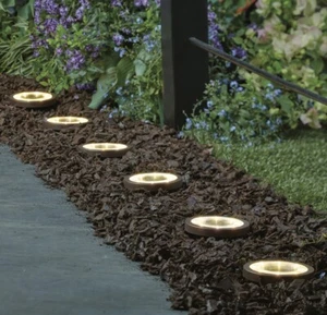 Outdoor 6 Pc - Oil-Rubbed Bronze Pathway Garden Fence Wall LED Solar Disc Lights - Picture 1 of 5