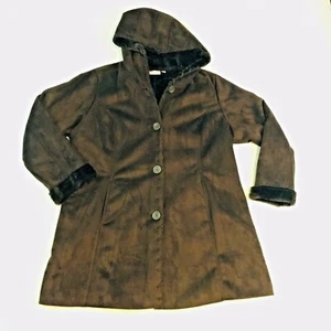 Denim & Co Chocolate Brown Faux Suede Whipstitch Faux Fur Jacket Size XL - Picture 1 of 9