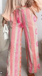 Wide Leg Damen Sommerhose Stoffhose weites Bein natur pink orange Gr. 38 40 42 - Bild 1 von 7