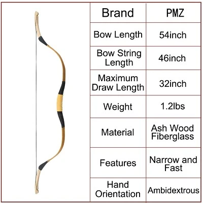 PMZ Archery 54" Traditional Bow Set Recurve Bow Horse Bow for Hunting 20-50lbs - Image 1 of 4