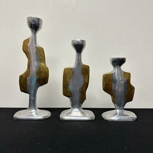 David Marshall Brass Aluminum Brutalist Candlesticks Candle Holder Set Of 3 - Picture 1 of 14