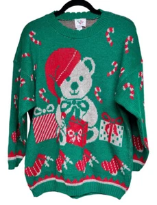 VTG Nutcracker Green Teddy Bear Santa Patterned Christmas Sweater Size 18W - Picture 1 of 8