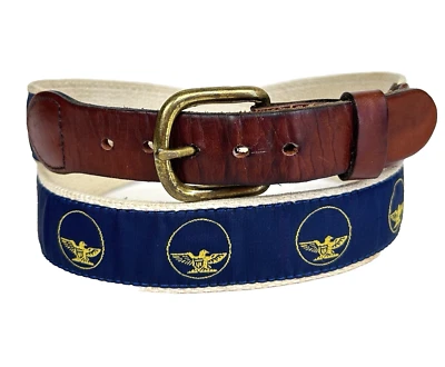 Leatherman Belt Men 36 Blue Gold Eagle Logo Tan Canvas Brown Leather Golf Preppy - Image 1 of 4