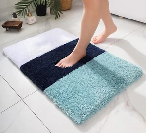 Badematte Extra Dick Rutschfest Waschbar Mikrofaser Gestreift Badteppich Blau - Bild 1 von 6