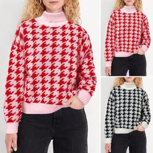UK Women Winter High Neck Houndstooth Patchwork Jumpers Knitted Sweater Pullover - Picture 1 of 12
