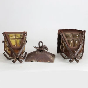Pair of Wrought Iron Bubble Glass Vintage Lanterns For Parts/Repair 19" Tall - Picture 1 of 10