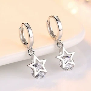 925 Sterling Silver Star CZ Crystal Drop Hoop Huggie Earrings Women Girls Gift - Picture 1 of 11
