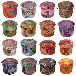 Ethnic Round Pouffe Ottoman Foot Stool Cover Cotton Boho Patchwork Embroidered - Picture 1 of 53