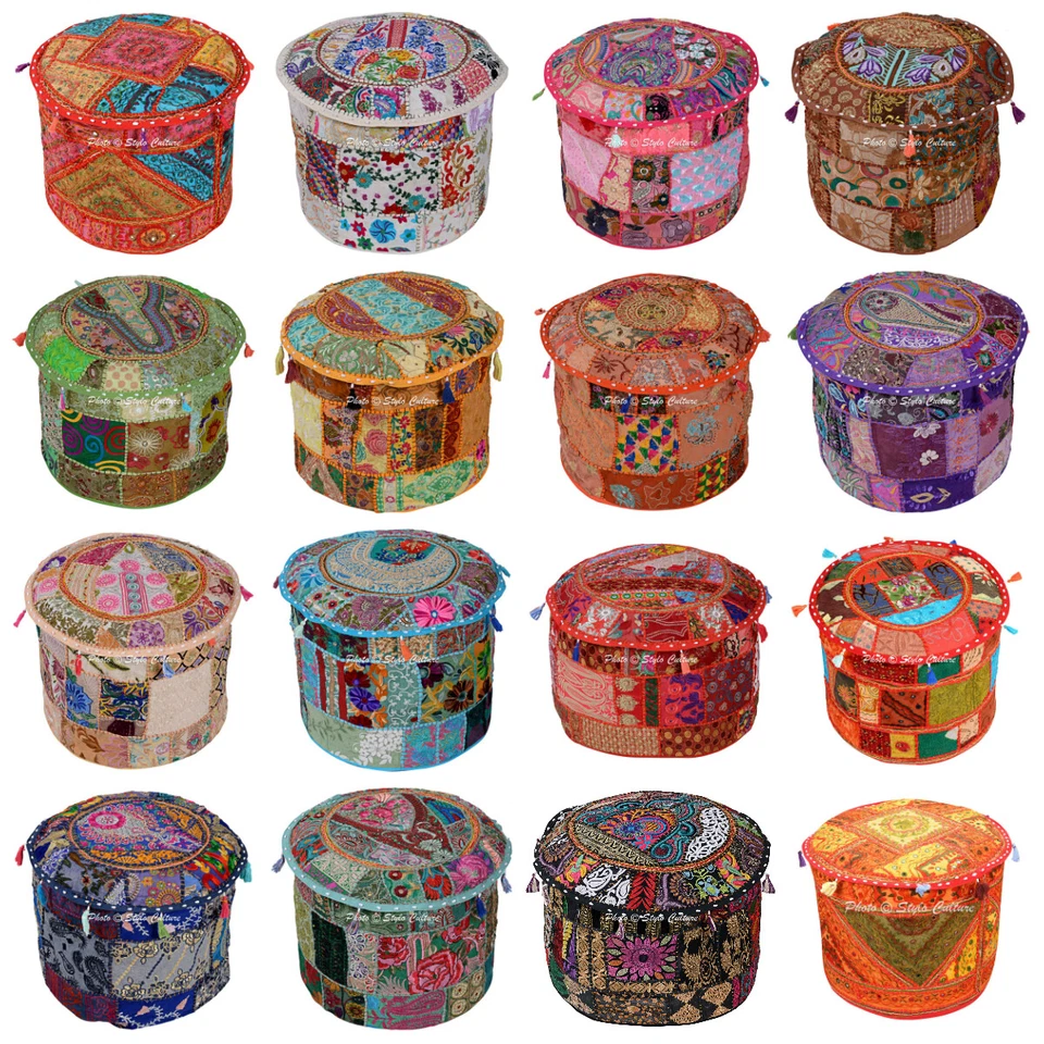 Ethnic Round Pouffe Ottoman Foot Stool Cover Cotton Boho Patchwork Embroidered - Image 1 of 1