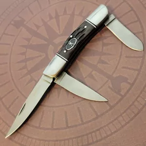 BROWNING Knife 3 Blade Folder Brown Jigged BONE Handles Wharncliffe Blade - Picture 1 of 8