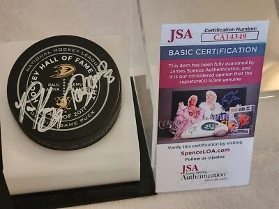 PAUL KARIYA / TEEMU SELANNE PATOS firmado oficial retiro juego disco certificado de autenticidad JSA Foto 1 de 2